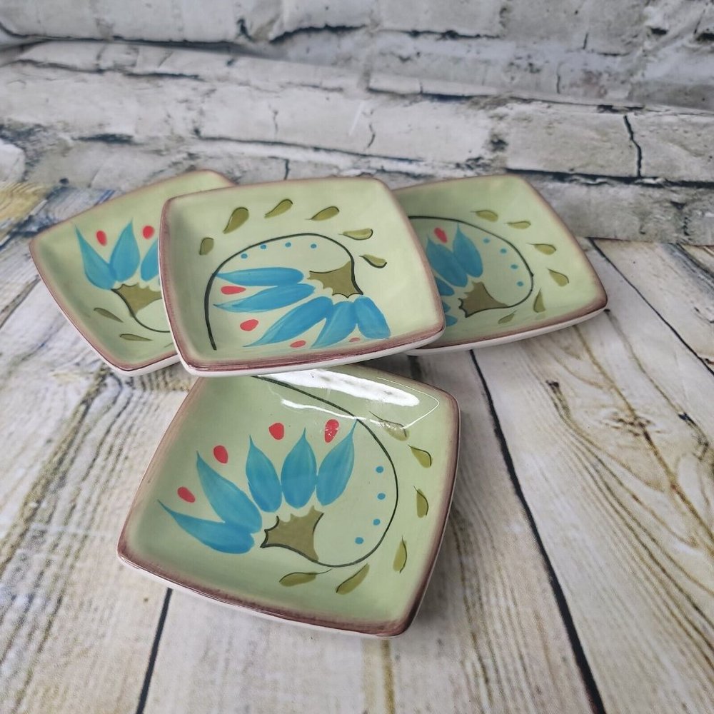 Lot of 4 Clay Art 4" Condiment Sauce Dishes Floral Green Blue Orange